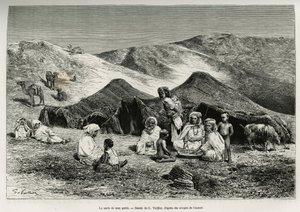 Min guides nezla (släkting). Gravyr av G.Vuillier, för att illustrera Algeriska Sahara, av V.Largeau, 1874-1878, publicerad i Tour du monde, under ledning av Edouard Charton (1807-1890) av Gaston Vuillier