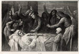 Voceron, korsikansk funebre-låt som uppmanar till hämnd. Gravyr och berättelse ""La Corse"" av Gaston Vuillier (1845-1915), 1890, i Le tour du monde, nouveau journal des voyages, under ledning av Edouard Charton (1807-1890)