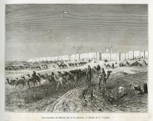 Meshed Alis väggar (Ali Ibn Abi Talib, död 661, kusin, lärjunge och svärson till Muhammed (570-632)) ligger i moskén i Najaf (Irak) och pelerinerna samlas för att fira den första och alla imamers far. Gravyr av G.Vuillier, till il