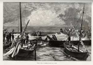 Tonfiskfiske (mattanza): dödskammaren, tonfiskpressar i ett trångt utrymme täcks av fiskarnas harpuner. Gravyr och berättelse "" La Sardaigne"" av Gaston Vuillier (1845-1915), 1890, i Le tour du monde, nouveau journal des voyages, under t.