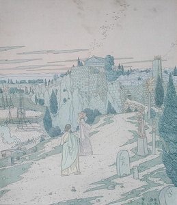 Odysseus möter gudinnan Minerva förklädd till en flicka med en kanna, illustration från bok 6 i Odysséen, översatt av Lecomte de l