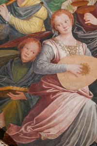 Detalj av antagandet av den välsignade jungfrun, känd som "Änglarnas kör som spelar musik", Kupolen på tvärskeppet, från 1534 (fresk) av Gaudenzio Ferrari