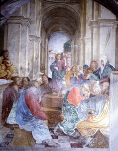 Diskussion om Jesus med läkarna i templet. Fresk av Gaudenzio Ferrari (1475 - 1546), kyrkan Santa Maria delle Grazie, Varallo. av Gaudenzio Ferrari