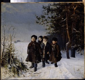 Tillbaka från skolan - Målning av Gavriil Fyodorovich Rybakov (1859-?), olja på duk av Gavriil Fyodorovich Rybakov