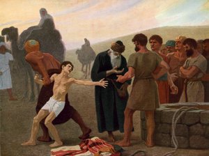 Joseph säljs till slaveri av sina svartsjuka bröder, ca 1940 (färg litho)