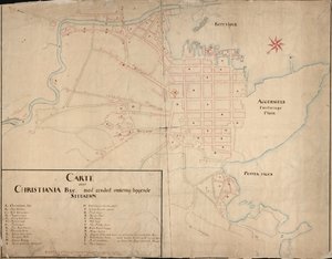 Norskt bokmål: Karta från Nationalbibliotekets kartsamling. Kartan publicerades i Håndtegnet (1649) och visar Christiania av Geelkerck