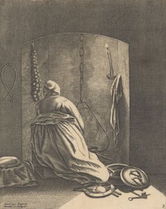 A Woman Cooking, tallrik 3 från Fem feminina yrken, ca. 1640-57., ca. 1640-57. av Geertruydt Roghman