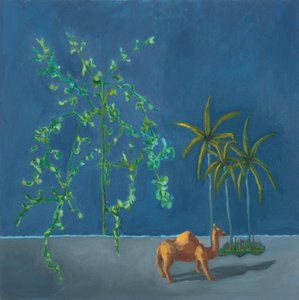 Kamel och två träd, 2019 (olja på pannå) av Genevieve French