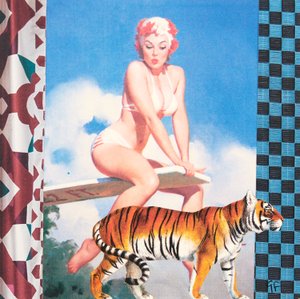 Simmande flicka med tiger (collage)
