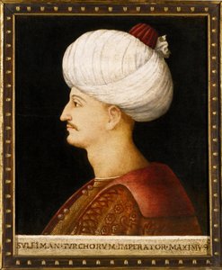 Porträtt av Suleiman (Suleyman) I den magnifika (1494-1566), ottomansk sultan"" Anonym målning - Sultan Suleiman I den magnifika av Bellini, hedning av Gentile (school of) Bellini