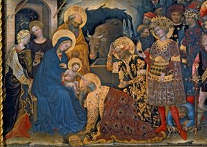 The Adoration of the Magi, detalj av Jungfru och Barn med tre kungar, 1423 tempera på panel
