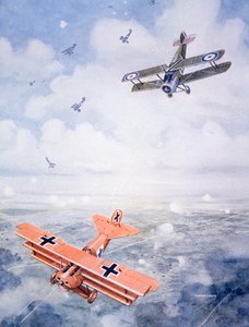 Kapten Baron von Richthofens sista flygning, ca 1920 (färg litho) av Geoffrey (after) Watson