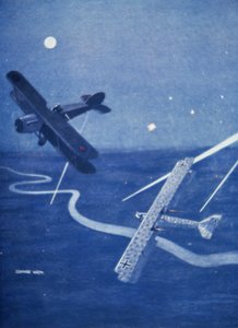 Bristol fighter attackerar tyska Gotha bombplan över London på natten (färg litho) av Geoffrey Watson