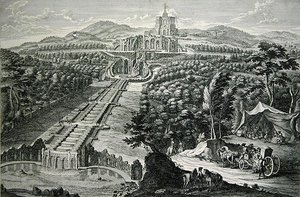 Utsikt över oktagonen och kaskaderna, graverad av W.C. Mayr (koppargravyr & etsning) av Georg (after) Finck or Fuenck