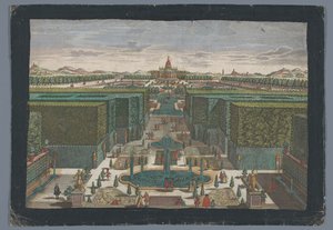 Utsikt över en allé på vänster sida av en trädgård Spaziergang zur lincken Seite des Lust-Gartens (titel på objekt) av Georg Balthasar Probst