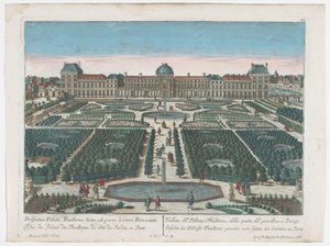 Utsikt över Palais des Tuileries i Paris sett från Jardin des Tuileries Gesicht des Pallasts Thuilleries genannt, av seiten des Gartens zu Paris (titel på objekt) Paris (serietitel)