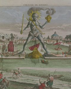 The Colossus of Rhodos, detalj av statyn som grenslar ingången till hamnen gravyrdetalj av 87200