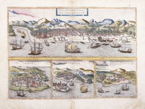 Vy över Calcutta, Indien, och under mindre vyer av Ormuz vid ingången till Persiska viken, Canonor i Indien och den portugisiska fästningen El Mina i Västafrika, 1572