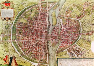 Karta över Paris från "Civitates orbis terrarrum" av Georg Braun (1541-1622) och Franz Hogenbergh (1540-92), franska, 1572-1617