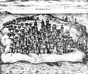 Vy över Mombaza, från Georg Brauns Civitates orbis terrarum, publicerad 1572 gravyrdetalj av 483404 av Georg Braun und Franz Hogenberg