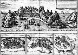 Utsikt över Aden, Mombaza, Quiloa och Cefala, från Georg Brauns "Civitates orbis terrarum", publicerad 1572