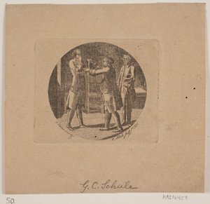 Vinjett med tre män av Georg Christian Schule
