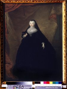 ""Porträtt av Elisabeth Petrovna (1709-1762) Rysslands kejsarinna under namnet Elisabeth I, dotter till Peter den store"" Hon är förklädd, håller en mask i handen. Målning av Georg-Christoph (Georg Christoph) Grooth (1716-1749) 1748 State Tretyakov G