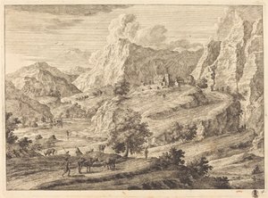 Bergigt landskap med figurer och ett kloster av Georg Eisenmann