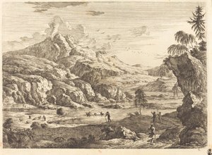 Bergigt flodlandskap med figurer av Georg Eisenmann