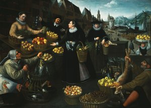 En allegori om hösten: ett frukt- och grönsaksstånd ovanför Weinmarkt i Frankfurt,