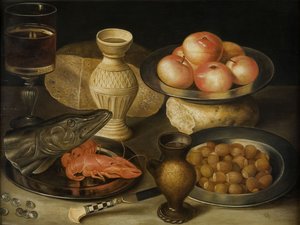 Stilleben med Siegburg stengodskanna, glas, kniv, två bröd, tidigt 1600-tal..
