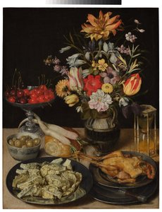Stilleben med blommor och livsmedel av Georg Flegel