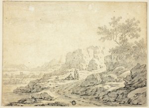 Klippigt landskap med figurer och hund på stig av Georg Friedrich Dietzsch