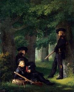 ""Utposterna"" (Utposttjänst) (Porträtt av Theodor Koerner (1791-1813, preussisk poet och soldat), Karl Friedrich Friesen (1784-1814, pedagog och ensamvarg) och Heinrich Hartmann) Målning av Georg Friedrich Kersting (1785- 1847) 1815 Mått 46x35 cm