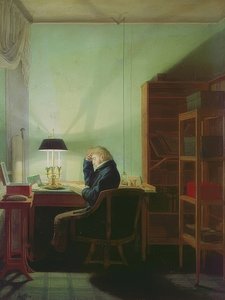 Läser med lampljus. 1814