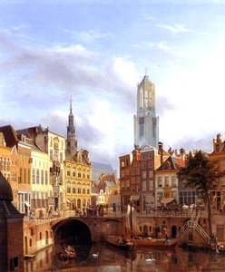 Utrecht med Oudegracht, 1827 olja på duk av Georg Gillis van Haanen