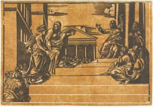 Martha och Magdalen som går upp för templets trappor av Georg Matheus