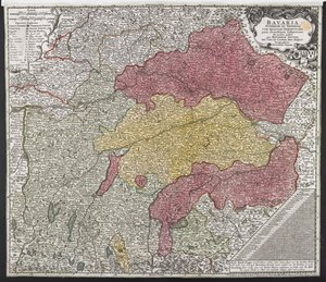 Karta över Bayern, ca 1757 (färgad gravyr) av Georg Matthäus Seutter