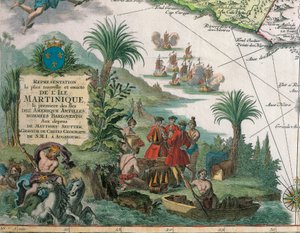 Karta över Martinique skapad av Matthieu Seutter, detaljer: köpmän och indianer av Georg Matthäus Seutter