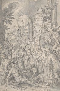 The Raising of the Youth of Naim, sent 1500-tidigt 1600-tal. av Georg Pecham