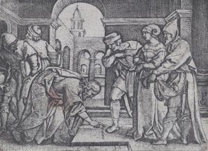 Kristus och den äktenskapliga kvinnan. av Georg Pencz