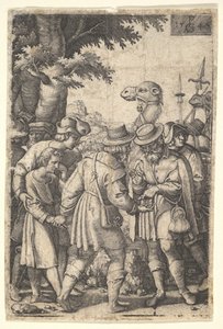 Joseph sålde till köpmännen: en skäggig man som greppar Joseph med sin vänstra hand får co..., 1546.