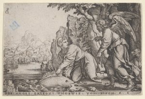Tobiolus Catches the Fish, från The Story of Tobias, 1543. av Georg Pencz