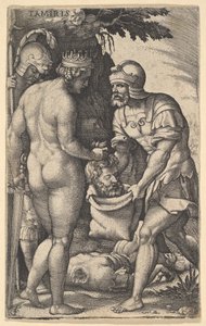 Tomyris, visad naken bakifrån, placerar Cyrus huvud i en säck som hålls av en soldat..., ca. 1539.