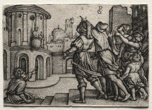 Vergilius hängande i en korg, c.1541-42. av Georg Pencz