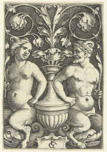 Kvinnlig och manlig satyr Ytdekorationer med grotesker och lövrankor (serietitel) av Georg Pencz