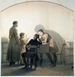 Vid pianot (Vid pianot). Ryska soldater spelade piano under Krimkriget. Målning av George Wilhelm Timm (1820-1895). Akvarell och penna på papper, 20,8 x 20,1 cm