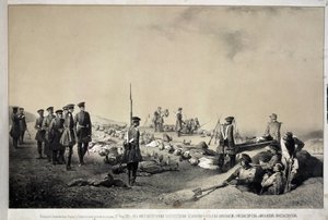 Storhertigarna Nikolai Nikolaievich och Michael Nicolaevich besöker en redoupt efter attacken den 12 februari 1855 (litografi)