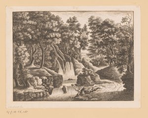 Vattenfall i skogen med två fiskare i förgrunden av Georg Wolfgang Knorr (possibly)