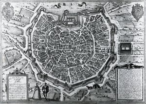 Stadskarta över Milano, 1572, av Antonio Lafreri (1512-1577), publicerad av Georg Braun och Franz Hogenberg, Italien av Georg Braun and Hogenberg Franz